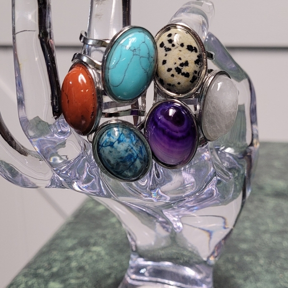 Multi-Variety Stone Silver Stainless Steel Rings Size 7-8 - Picture 9 of 16